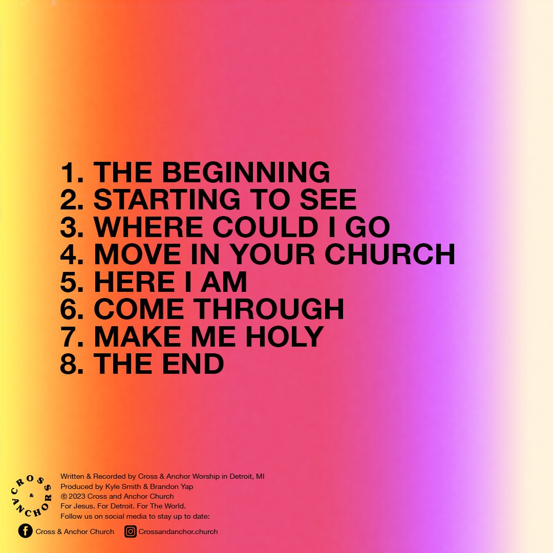 Back cover: the eight-track tracklist set in bold black type over the gradient
