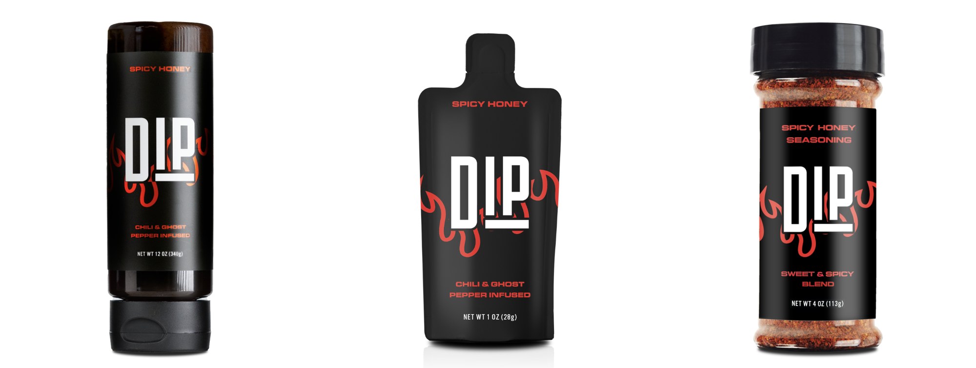 The DIP product range: Spicy Honey squeeze bottle, single-serve Spicy Honey packet and Spicy Honey Seasoning shaker, all in matte black with red flames