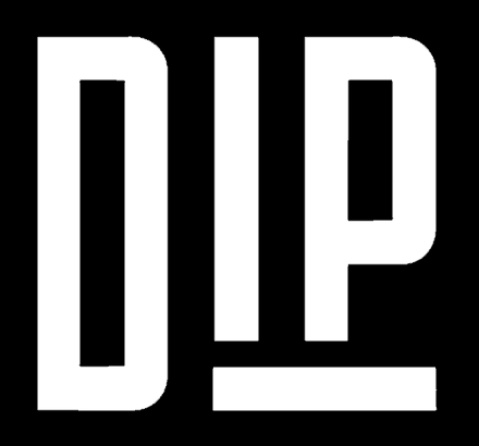 DIP wordmark: tall white letters D, I, P with the I and P resting on an underline