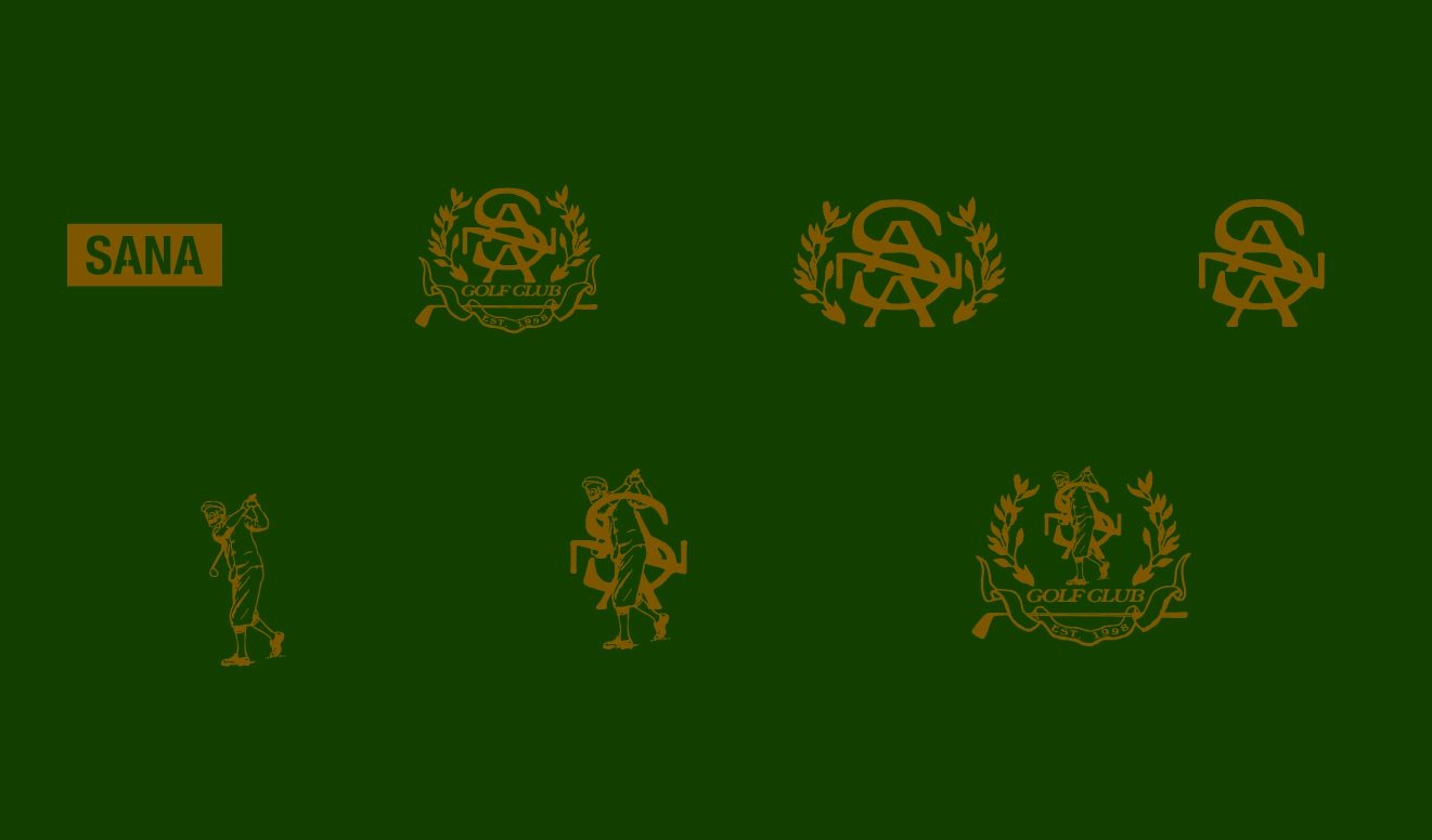 SANA logo suite in gold on green: wordmark, Golf Club crest, laurel monogram, SA monogram, swing illustration and combined marks
