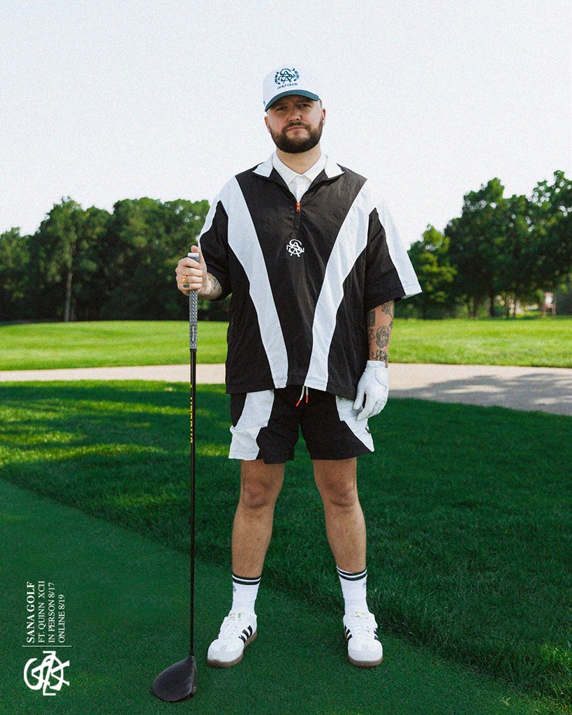 SANA Golf campaign: golfer in a black and white SANA jacket and shorts
